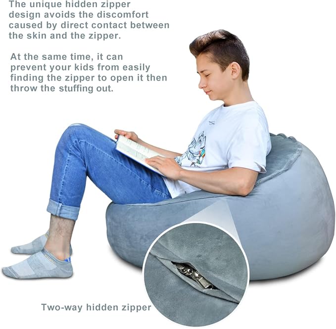 Bean Bag Chair Cover, Stuffed Animal Storage, Plush Toys Organizer Holder, Beanbag Chairs Cover for Kids Teans and Adults Super Soft and Comfortable Fabric X-Large with Handle and Zipper -Round Grey
