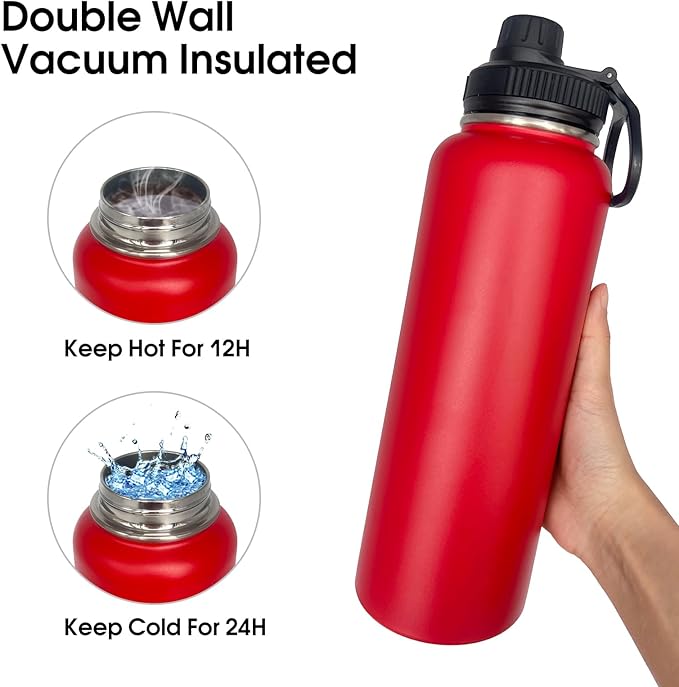 4pack 40 oz Insulated Water Bottle With Straw, Stainless Steel Sports Water Cup Flask with 2 Lids, Wide Mouth Travel Thermal Mug,Red