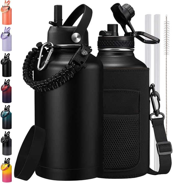 64 oz Water Bottle with Straw - Auto Spout Lids, Paracord Handle, Carrier Bag, Insulated Water Bottle Half Gallon Jug, Keep Cold 48H, Stainless Steel Metal Flask Large Sport Water Bottle Black