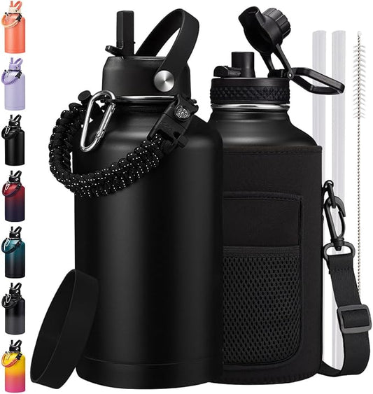64 oz Water Bottle with Straw - Auto Spout Lids, Paracord Handle, Carrier Bag, Insulated Water Bottle Half Gallon Jug, Keep Cold 48H, Stainless Steel Metal Flask Large Sport Water Bottle Black