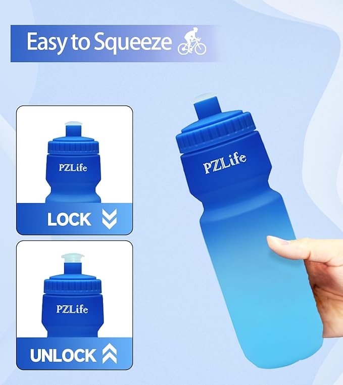BPA Free Bike Water Bottles, 24 oz Cycling Squeeze Water Bottle - Easy Squeeze, w/Pull Top Lid, Leak Proof Sport Water Bottle with Capacity Scale, for Cycling, Gym
