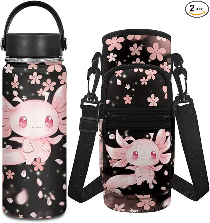 Axolotl Girls Insulated Water Bottle 18 OZ Cherry Blossom 2 Pcs Water Bottle Holder Carrier Sling Water Bottle Pouch Sleeve Reusable Water Bottle