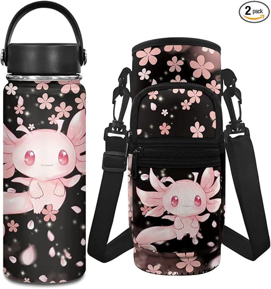 Axolotl Girls Insulated Water Bottle 18 OZ Cherry Blossom 2 Pcs Water Bottle Holder Carrier Sling Water Bottle Pouch Sleeve Reusable Water Bottle