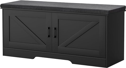 2-Tier Storage Bench, Shoe Bench with Padded Seat Cushion, Entryway Bench with 2 Barn Doors, Adjustable Shelf, 13.8" D x 39.4" W x 17.7" H, for Entryway, Living Room, Bedroom, Black