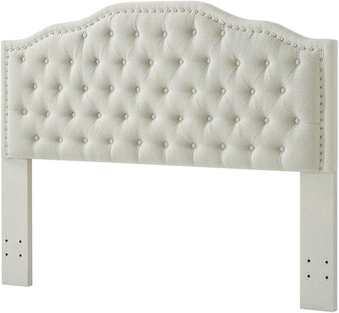 24KF Upholstered Button Tufted Queen Headboard with Nailhead Trim, Elegant Boucle Fabric Full headboard, 6031-Q-Boucle-Beige