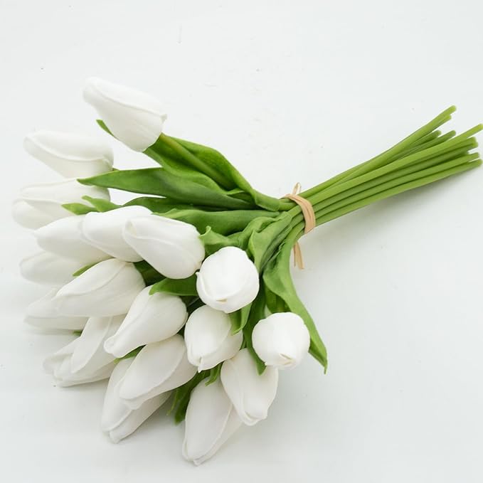 Buart Artificial Tulip in Bulk for Home Kitchen Wedding Bridal Bouquet,Fake White Flowers for Valentine's Day Mother's Day Easter Table Centerpieces Decorations(Mini Size,Real-Touch,12pcs)