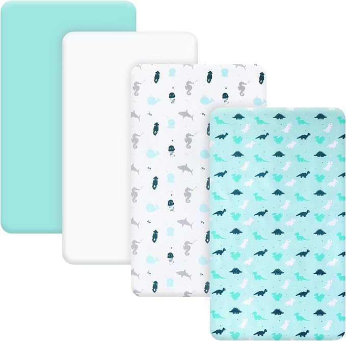 Bassinet Fitted Sheets 4 Pack Compatible with ANGELBLISS (3 in 1), Papablic, QUTANIX, Cowiewie, HARPPA and Nordmiex (3 in 1) Baby Bassinet, Ultra Soft and Skin-Friendly, Aqua Dinosaurs & White Ocean
