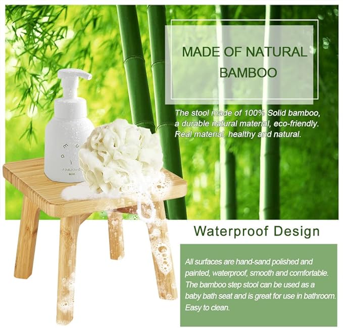 Bamboo Wood Step Stool - Foot Stool - Small Adults Kids Step Stools Anti-slip Sturdy Durable Kitchen Bathroom Bedroom Steps for High Beds Holds Up to 350lbs (Medium Square)