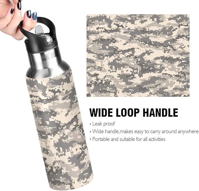 Blueangle Brown Desert Digital Camouflage Stainless Steel Water Bottle 2-Layered Vacuum Insulated Containers Keeps Drinks Cold with No Condensation - BPA Free Water Bottle, 22oz