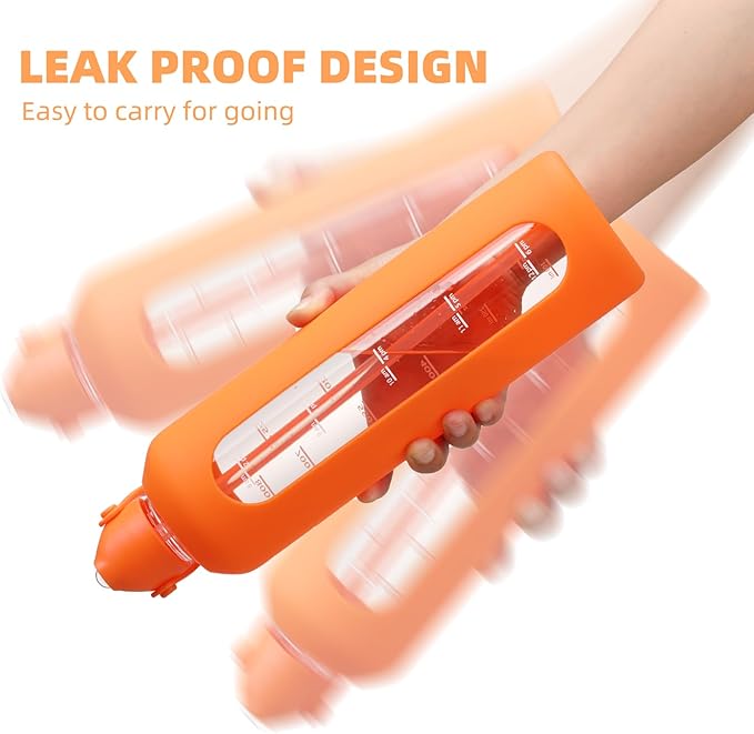 32 oz Glass Water Bottles with Straw Borosilicate Glass Water Bottle with Time Marker Motivational Water Bottles with Silicone Sleeve Leak Proof Reusable BPA Free