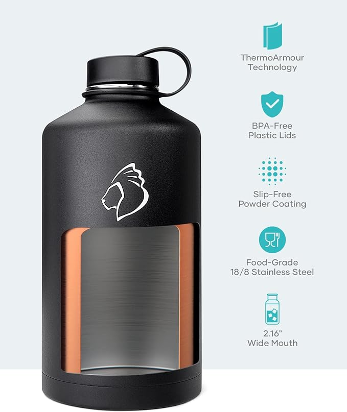 BUZIO 1 Gallon Water Jug with Straw Handle Lid, 128oz Water Bottle Stainless Steel Double Wall Hydro Jug 18/8 Food Grade Thermo Mug Keep Cold 48H & Hot 24H, Black