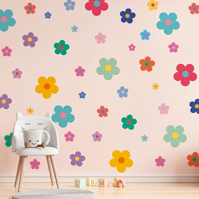 Amaonm 12 Sheets Large Daisy Wall Decals DIY Boho Sunflower Wall Stickers Peel and Stick Colorful ins Daisy Floral Wall Decor for Nursery Little Girls Teens Bedroom Living Room (8 Sheets of 48pcs)