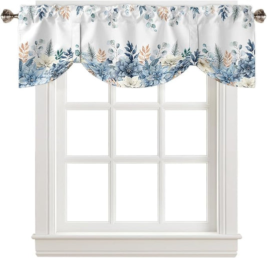 Blue Christmas Poinsettia Blackout Tie Up Valance Curtains for Kitchen Windows Winter Eucalyptus Leaves Window Toppers Balloon Shades for Living Room/Bathroom/Bedroom,1 Panel, 60" X 18",