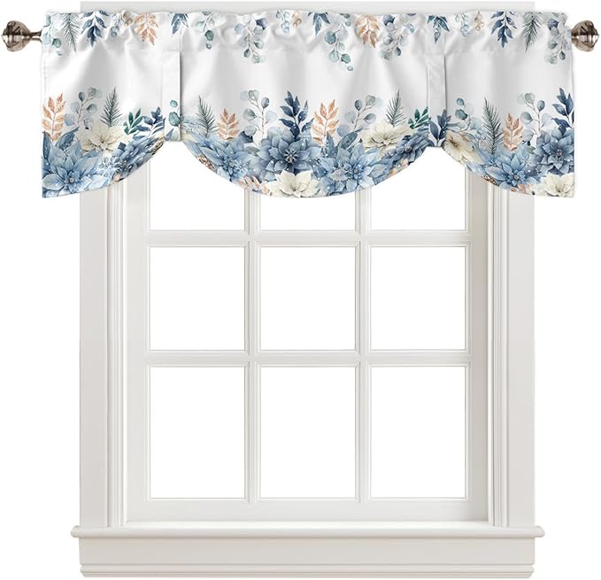 Blue Christmas Poinsettia Blackout Tie Up Valance Curtains for Kitchen Windows Winter Eucalyptus Leaves Window Toppers Balloon Shades for Living Room/Bathroom/Bedroom,1 Panel, 42" X 12",