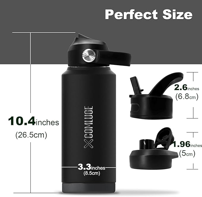Black 32 oz insulated water bottle with straw stainless steel water bottle,double wall,leak proof water bottles with 3 lids,travel,gym mens water bottle (Black, 32oz)