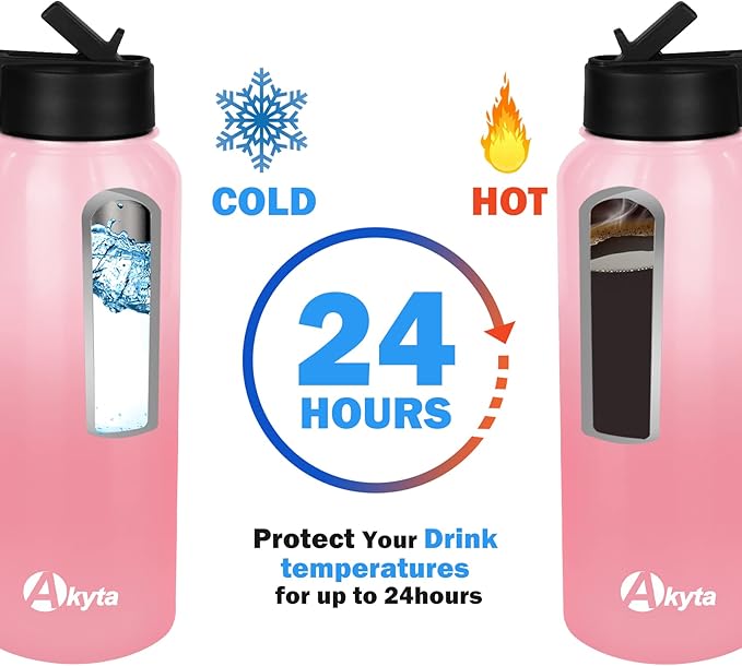 32 OZ Water Bottle, Sports Water Bottle with Straw Lid, Vacuum-Insulated Stainless-Steel, Keep Water Cold/Hot, Double-walled Thermos Metal Water Bottle (Pink, 32 OZ)