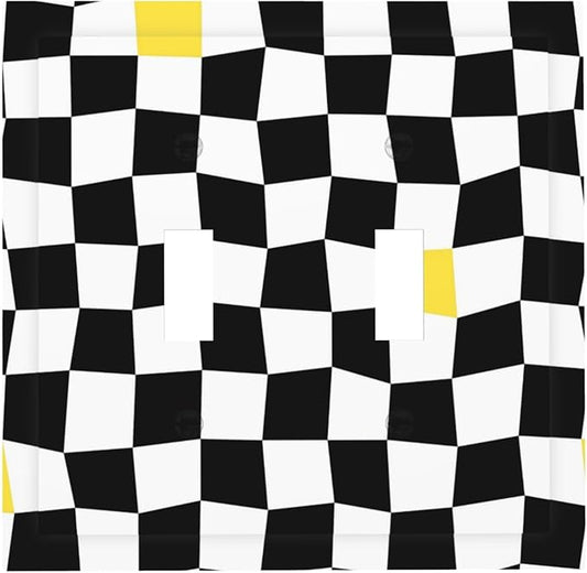 Black and White Distorted Squares Double Toggle Light Switch Covers 2 Gang Wall Plate Dual Decorative Switchplate Electrical Faceplate for Bathroom Country Kitchen Bedroom Decor, 4.9" x 5"