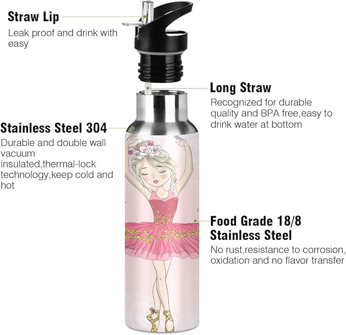 Blueangle Lovely Ballerina Girl Sports Water Bottle, 22 Oz BPA Free Non-Toxic Stainless Steel Water Bottle with Straw for Gym Yoga Fitness Camping