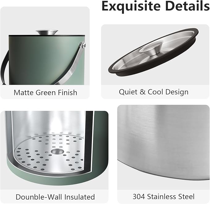 3L Ice Bucket with Silicone Lid, Scoop, Tongs & Strainer, Stainless Steel Double Wall Insulated Ice Buckets for Parties & Cocktail Bar, Outdoor Champagne Ice Container Bin, Dusty Green