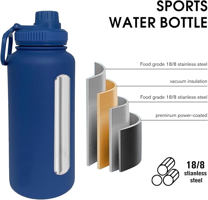 32oz Insulated Water Bottle ，Stainless Steel Sports Water Cup Flask with 2 Lids, Wide Mouth Travel Thermal Mug,Outdoor Sports Bottle（Dark Blue）