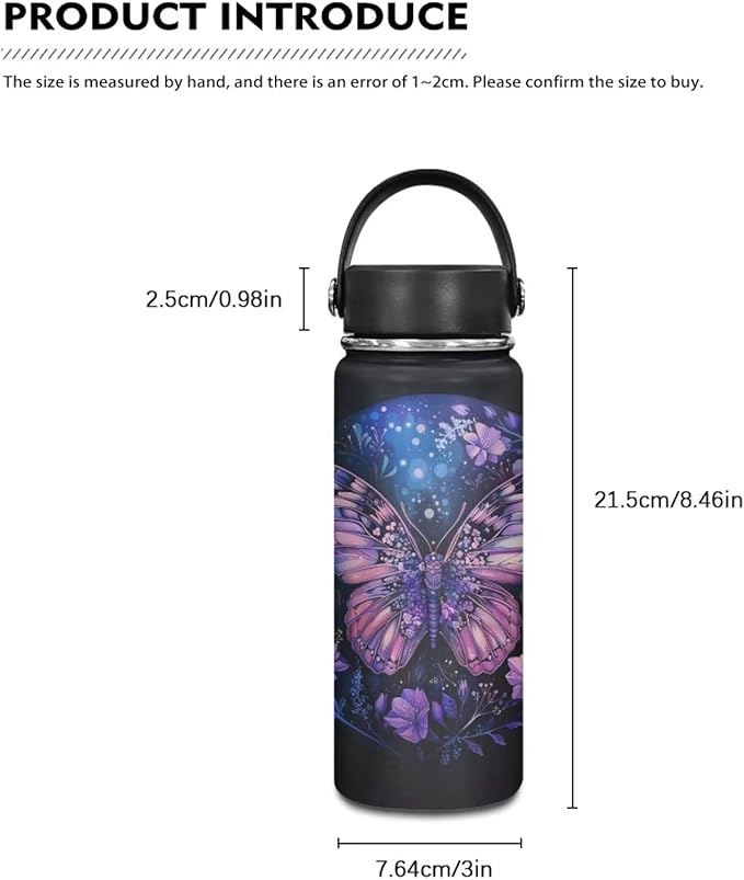 Butterfly Water Bottles Stainless Steel Wide Mouth Vacuum Insulated Thermos Leakproof Canteen Keep Cold,20 Oz