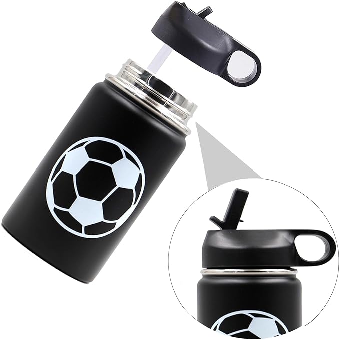 Baseball Softball Water Bottle, Wide Mouth Travel Sports Flask with 2 Lids（Straw Lid+Flex Cap）BPA Free 18/8 Stainless Steel Double Wall Vacuum Insulated Water Bottles (12oz, Soccer)