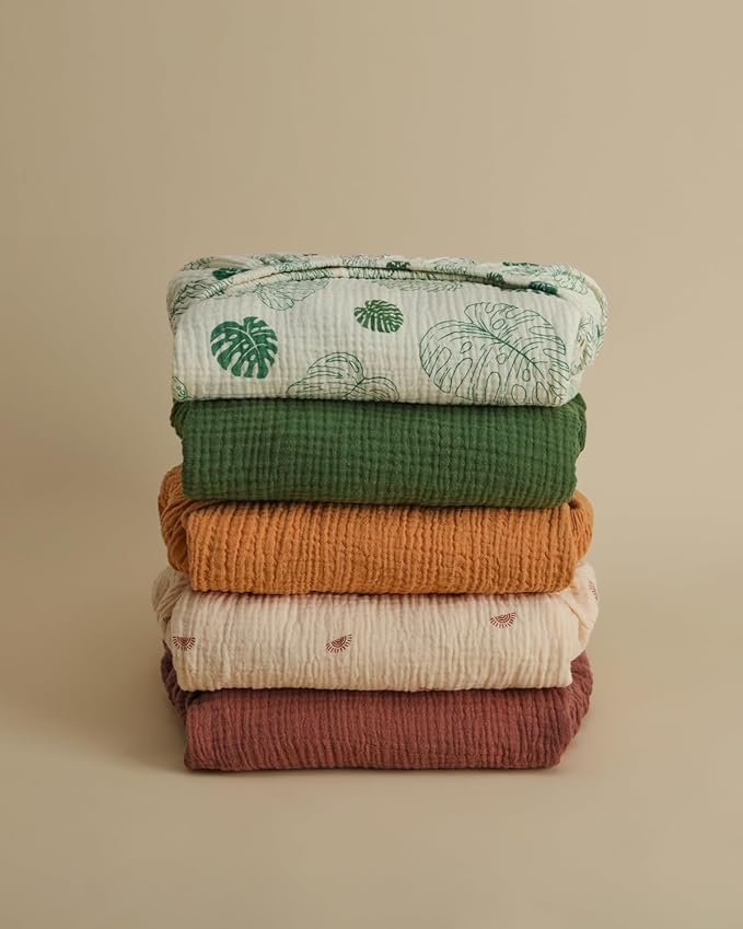 Blissful Diary Muslin Mini Crib Sheets, Pack and Play Mattress Sheets Fitted for Pack N Play, Soft Cotton for Boys Girls, 2 Pack(Monstera&Dark Green)