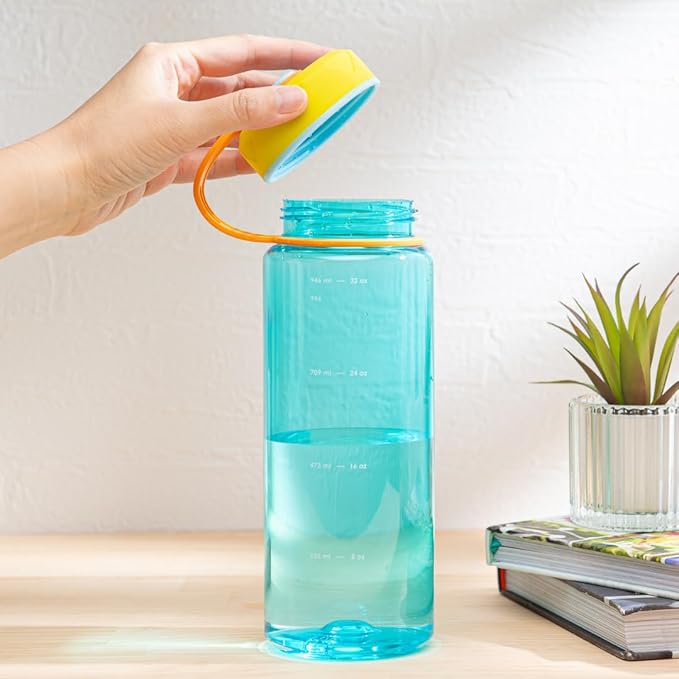 bzyoo HydroPop 36oz Water Bottle w/Strap - Leak-Proof, Hydration Intake Tracking Measurement, Wide Mouth for Ice. Perfect for Gym, Travel, Outdoor - Color Blue