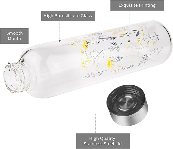 Borosilicate Glass Water Bottle, Sports Glass Drinking Bottle with Neoprene Sleeve and Stainless Steel Lid 16oz / 32oz (16oz, Blooming Branches)