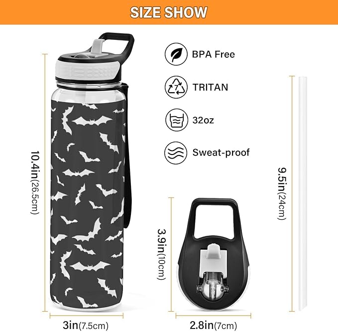 Bat Water Bottle with Straw Halloween Sports Bottles BPA-Free Tritan Water Jug with Carrying Strap for Women Men Gym