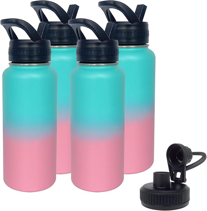 4pack 32 oz Insulated Water Bottle With Straw, Stainless Steel Sports Water Cup Flask with 2 Lids, Wide Mouth Travel Thermal Mug,Pink gradient