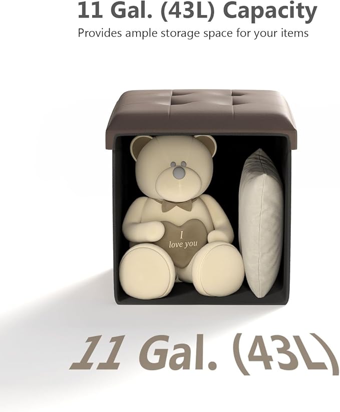 15 Inches Small Folding Storage Ottoman Cube, Storage Footrest, Foot Rest Stool, for Living Room, Bedroom, Dorm, Hallway, Entryway, Brown