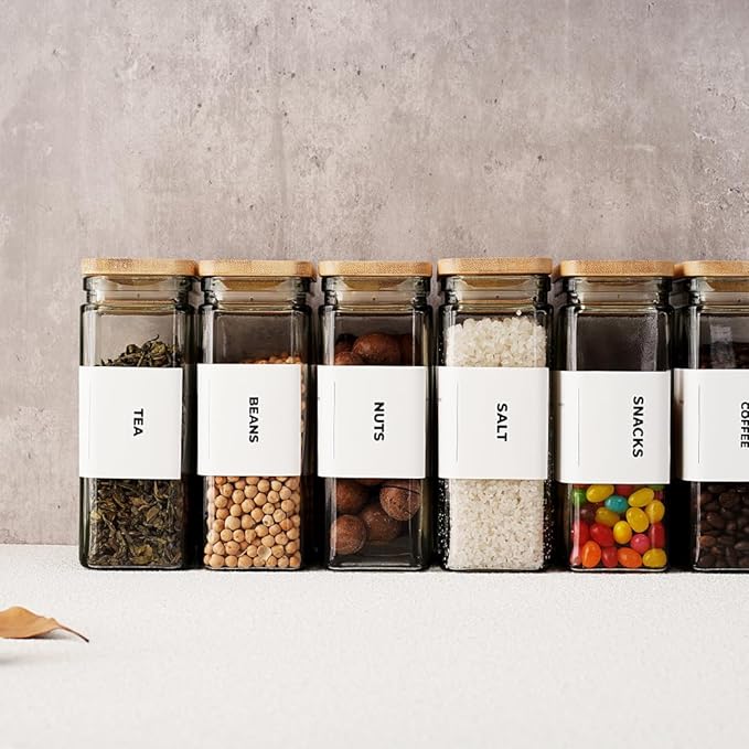 27 oz Glass Storage Jars with Bamboo Lid, set of 6, glass canisters with airtight lids, Clear jars with lids for Cookie, Candy, Tea, Coffee Bean and Rice (White)