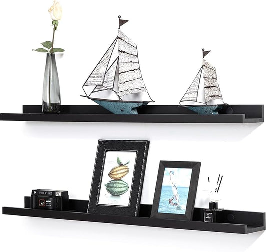 Black Floating Shelves 36 Inch Modern Picture Frame Shelf for Wall Picture Ledge Shelves with Lip Wooden Book Toy Shelves Set of 2 Bathroom Shelf Organizer for Living Room Bedroom Kitchen Wall Decor