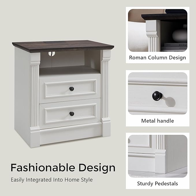 26" Tall Farmhouse Night stand Set of 2, 2 Drawers End Table w/Charging Station, 23.6" Wide Wood Side Table w/Roman Column, Large Rustic Sofa Table w/Open Shelf, Bedside Table for Bedroom, White