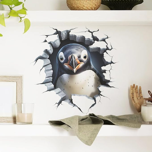 3 PCS Broken Penguin Wall Decals Break Through The Wall Penguin Wall Stickers Removable 3D Animal Wal Art Decor for Kids Room Playroom Nursery Bathroom