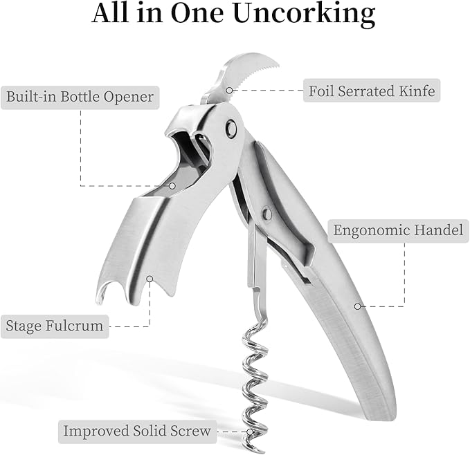 Bottle Opener, Wine gift for Wine Lover, Waiter’s Corkscrew Wine Opener with Genuine Leather Case, Foil Cutter, Beer Bottle Opener, Eco-Friendly Manual Wine Key (Stainless Steel)