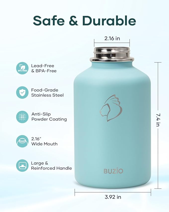 64 oz Insulated Water Bottle BUZIO Half Gallon Stainless Steel Water Jug with Carrying Pouch and Straw Lid, Keep Cold 48h Lead-Free Double Wall Vacuum Sports Flask Metal Canteen for Gym Camping, Green