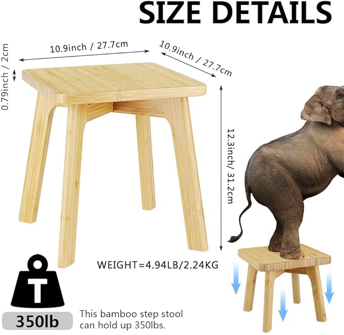 Bamboo Wood Step Stools for Kids Adults - Small Step Stool - Bedside Bed Steps Foot Stool for High Beds Great for Kitchen Bathroom Bedroom Anti-slip 350 Lbs Capacity (Large Square)