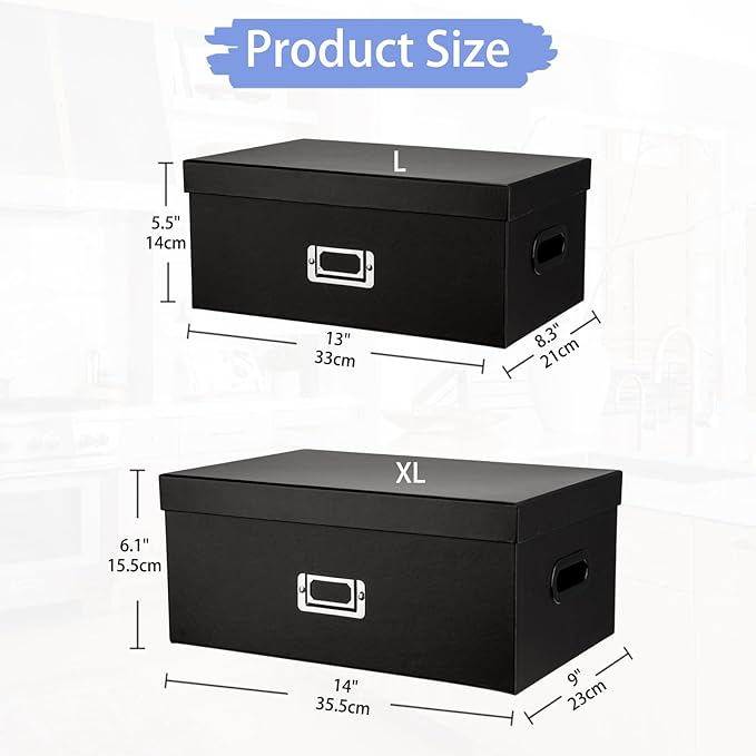 Briful Decorative Storage Boxes with Lids Set of 2 – 14'' + 13'' Set Rectangular Nesting Boxes – Cardboard Organizer with Lift-Top Lid – Black Wood for Home & Office