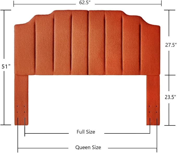 24KF Orange Teddy Fabric Tufted for Queen Upholstered Headboard, Modern Vertical Channel Design Full Headboard with Stepped Silhouette Top Edge,6026-Q-Teddy Orange