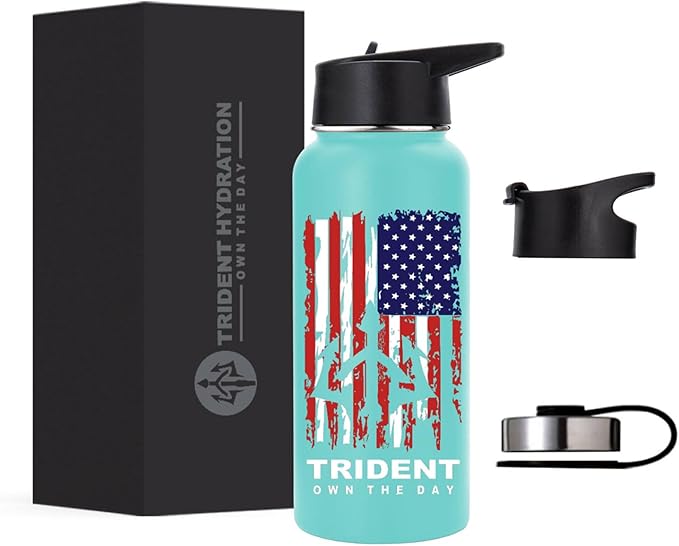 American Flag Water Bottle, 32 oz Insulated Water Bottle, Reusable Water Bottle with Straw, Leak Proof Water Bottles, Thermos Water Bottle - Combat Veteran Small Business (Teal, 32 Oz)