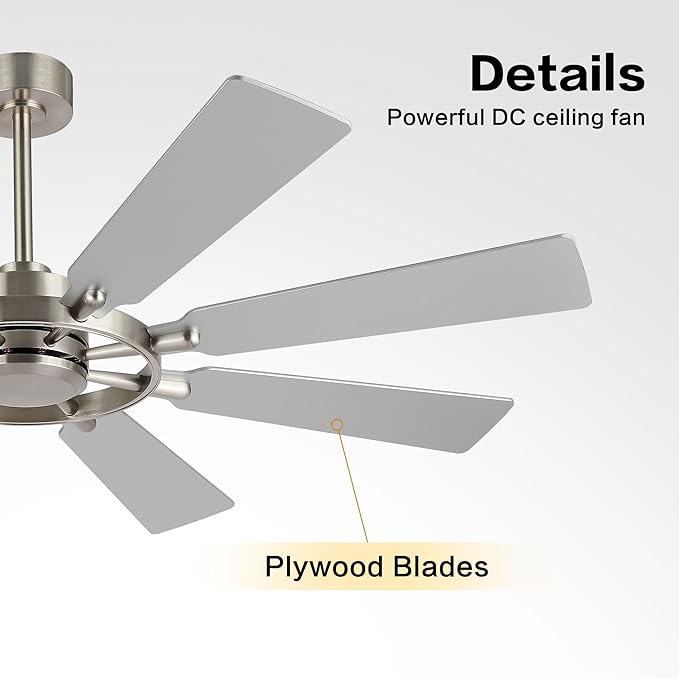 60 Inch Ceiling Fan without Lights, Wood 8 Blades 6-Speed Noiseless Reversible DC Motor, Modern Large Remote Control Ceiling Fan for Bedroom Dining Living Room, Nickel Finish+Silver