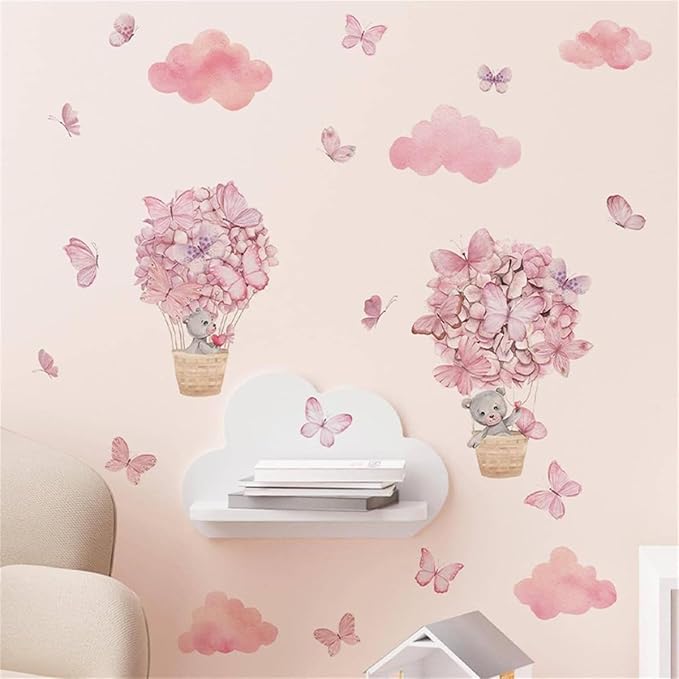 Bear Flower Butterfly Pink Clouds Wall Stickers for Girls Room Hot Air Balloon Baby Nursery Decor Wall Decal