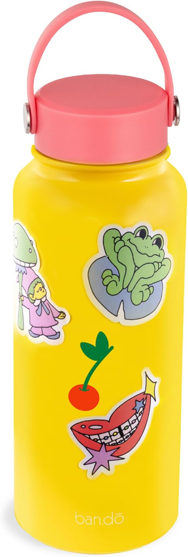 ban.do Large Water Bottle with Waterproof Sticker Pack, Stainless Steel Double Wall Tumbler, 33 Oz Insulated Metal Water Bottle with Twist on Lid and Strap (Cherry on Top)