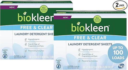 Biokleen Laundry Detergent Sheets (2 PACK) - Free & Clear From Fragrances and Dyes, Hypoallergenic Enzymatic Cleaning - 100 Sheets, 200 Loads