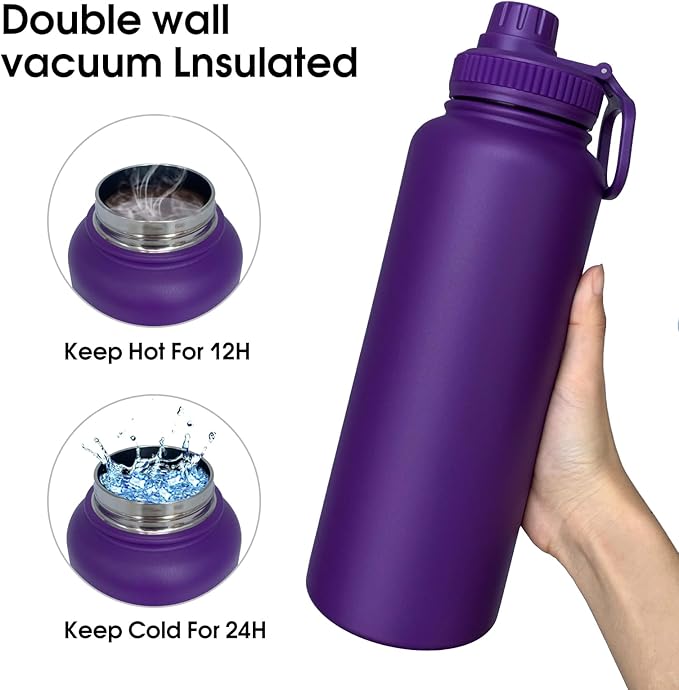 40oz Insulated Water Bottle ，Stainless Steel Sports Water Cup Flask with 2 Lids, Wide Mouth Travel Thermal Mug,Outdoor Sports Bottle（Purple）