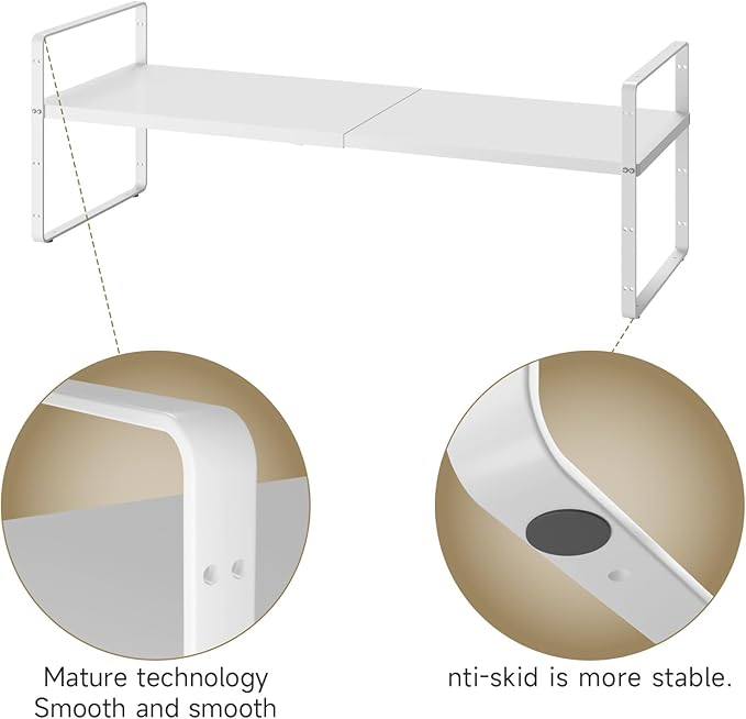 16.5~27.1" Expandable Shelf Organizer, 1Pack 10.2" Wide Stackable Cabinet Shelf Organizers, White Metal Sturdy Kitchen Counter Storage for Countertop, Adjustable Height Spice Rack