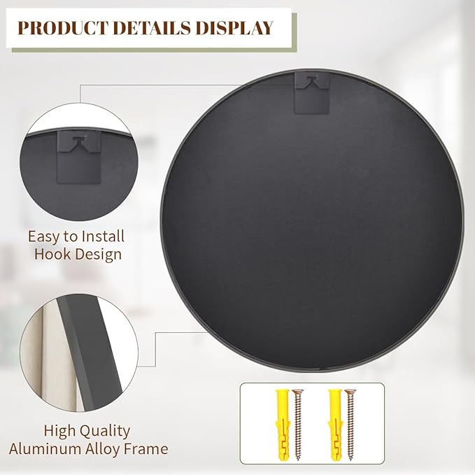 BEAUTYPEAK 18 Inch Round Mirror, Metal Frame Circle Mirror, Wall Mounted for Entryway, Bathroom, Vanity, Living Room, Black