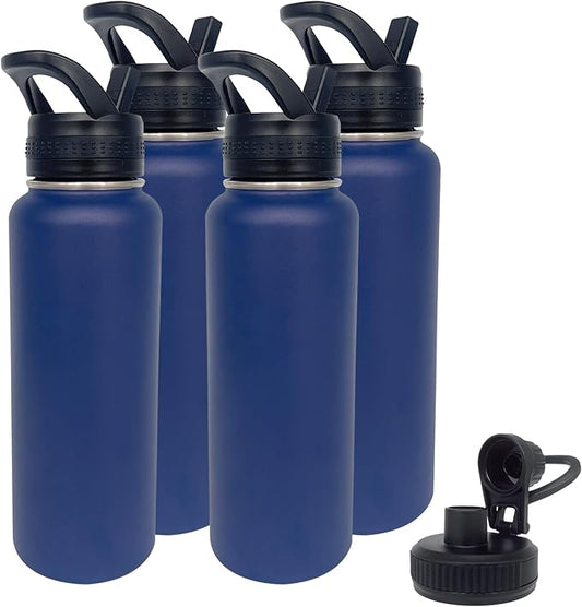 4pack 40 oz Insulated Water Bottle With Straw, Stainless Steel Sports Water Cup Flask with 2 Lids, Wide Mouth Travel Thermal Mug,Navy